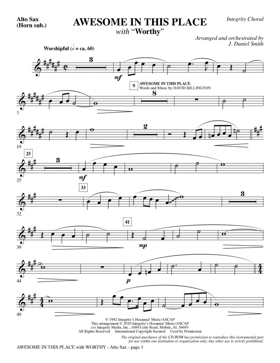 Awesome In This Place (with Worthy) - Alto Sax (Horn sub.) Choir scores gallery preview page 1