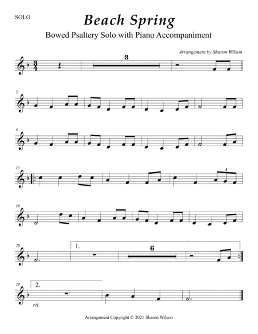 Beach Spring (Easy Bowed Psaltery Solo with Piano Accompaniment) Zither scores gallery preview page 2