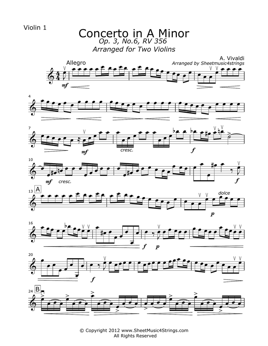 Vivaldi, A. - Concerto in A Minor Mvt. 1 for Two Violins String Duet scores gallery preview page 6