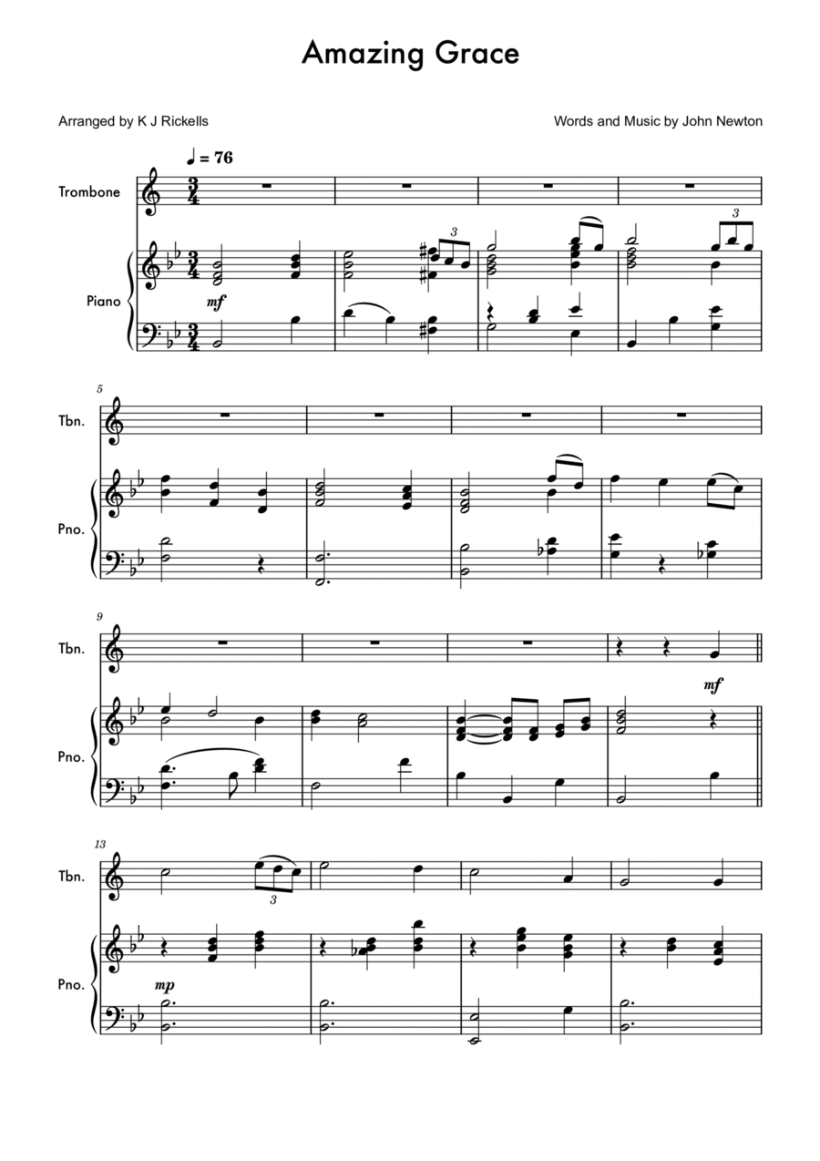Amazing Grace - Trombone (treble clef) Piano scores gallery preview page 1