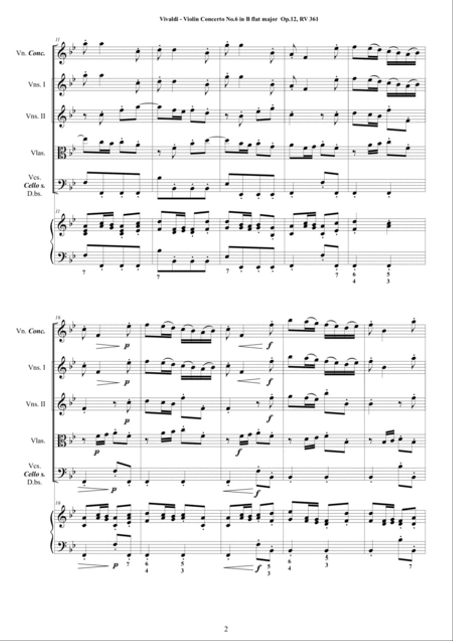 Vivaldi - Violin Concerto No.6 in B flat major Op.12 RV 361 for Violin, Strings and Cembalo Chamber Orchestra scores gallery preview page 2