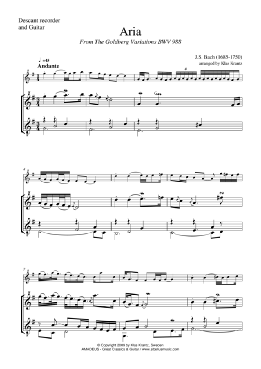 Aria (Goldberg var.) BWV 988, ornamented, for descant recorder and guitar Small Ensemble scores gallery preview page 1