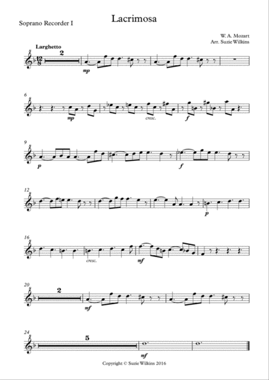 Lacrimosa for SSAATB Recorder Ensemble image number null