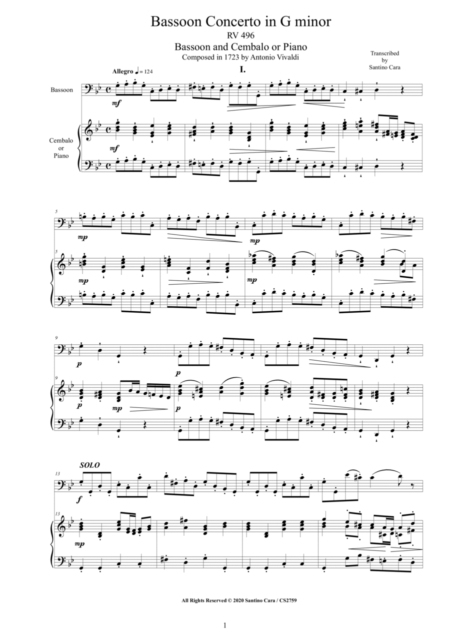 Vivaldi - Bassoon Concerto in G minor RV 496 for Bassoon and Cembalo or Piano Bassoon Solo scores gallery preview page 1