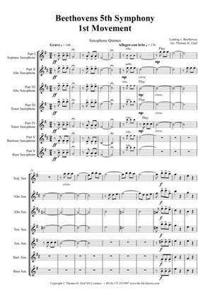 Book cover for Beethovens 5th Symphony - 1st Movement (Excerpt) - Saxophone Quintet - Arrangement: Thomas H. Graf