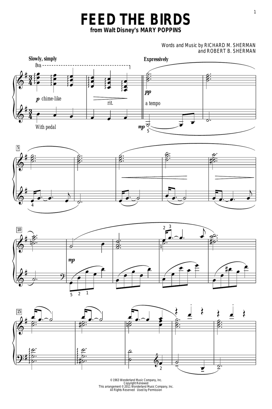 Feed The Birds (Tuppence A Bag) (from Mary Poppins) Piano Solo scores gallery preview page 1