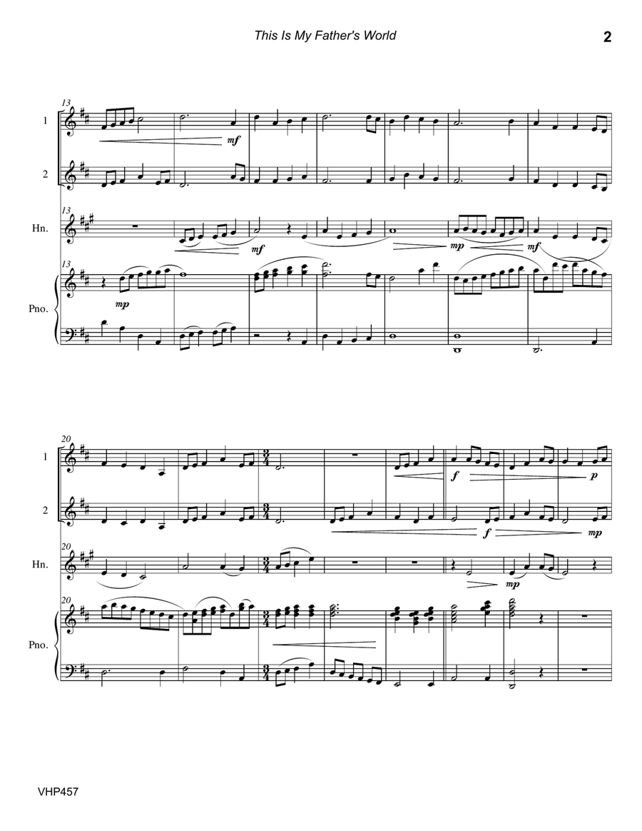 THIS IS MY FATHER'S WORLD - 2 VIOLINS & HORN with Piano Accompaniment Small Ensemble scores gallery preview page 2