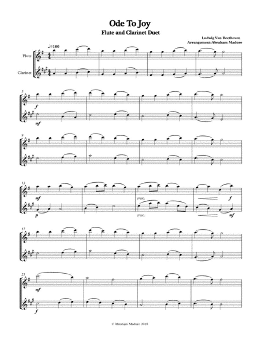 Beethoven`s Ode to Joy Flute Clarinet Duet-Three Tonalities Included Woodwind Duet scores gallery preview page 2