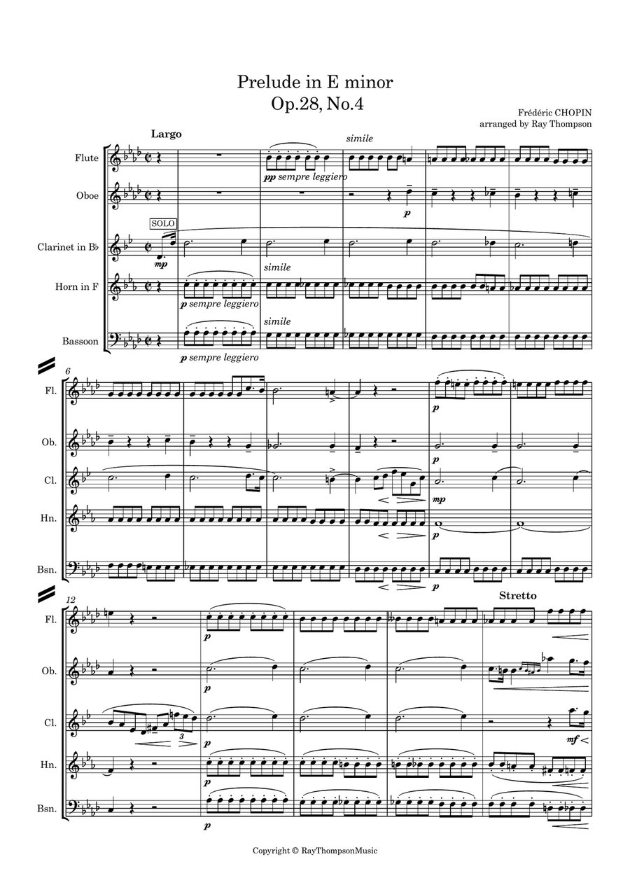 Chopin: Prelude No 4 in E Minor Op.28 No.4 - wind quintet Woodwind Quintet scores gallery preview page 3