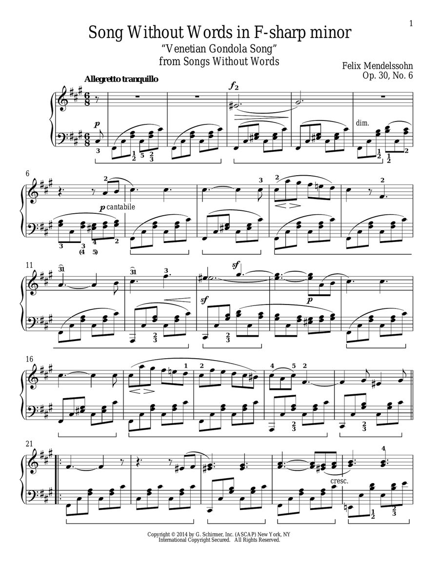 Song Without Words In F-Sharp Minor "Venetian Gondola Song," Op. 30, No. 6