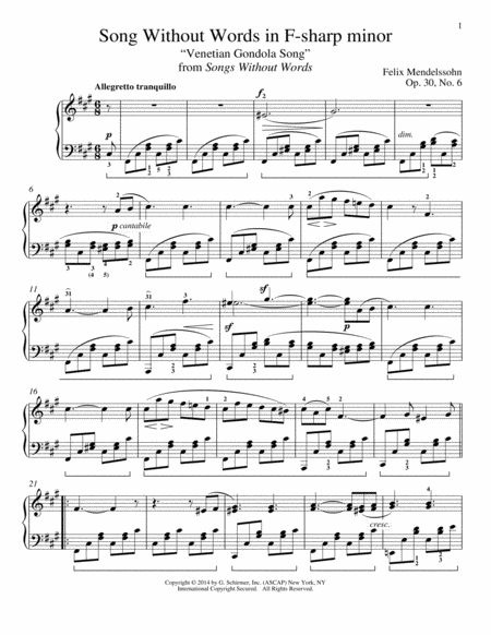 Song Without Words In F-Sharp Minor "Venetian Gondola Song," Op. 30, No. 6