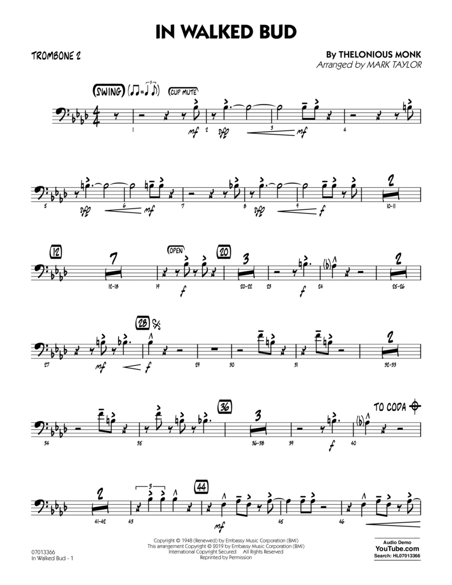 In Walked Bud (arr. Mark Taylor) - Trombone 2
