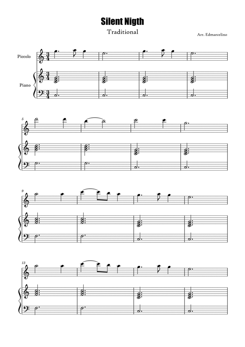 Piccolo Sheet Music for Christmas Song "Silent Nigth" to Beginners/Intermediate image number null