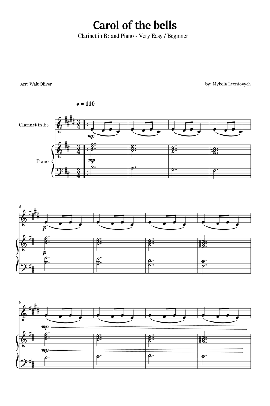 Carol of the Bells for Bb Clarinet and Piano (Very Easy - Beginner) B-Flat Clarinet scores gallery preview page 1