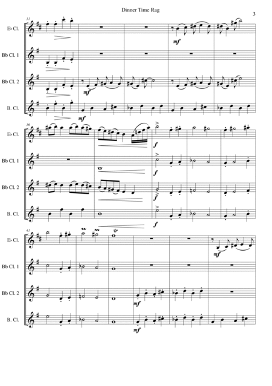 Dinner Time Rag for clarinet quartet (1 E-flat Clarinet, 2 B-flat clarinets, 1 bass clarinet) Clarinet Quartet scores gallery preview page 3