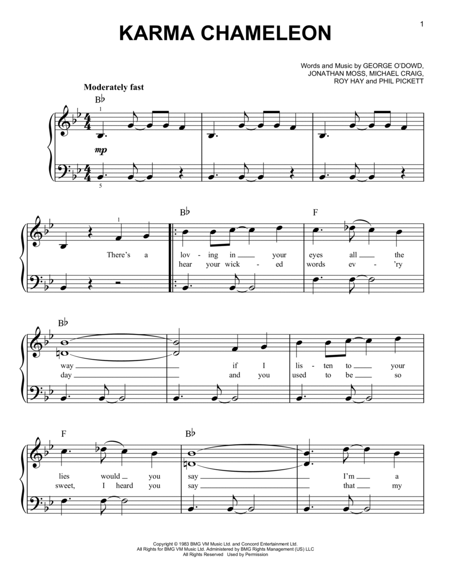 Karma Chameleon Karma Chameleon Easy Piano scores gallery preview page 1