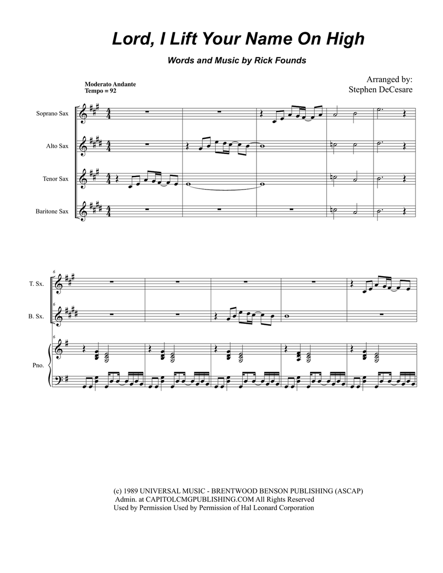 Lord, I Lift Your Name On High Saxophone Quartet scores gallery preview page 1