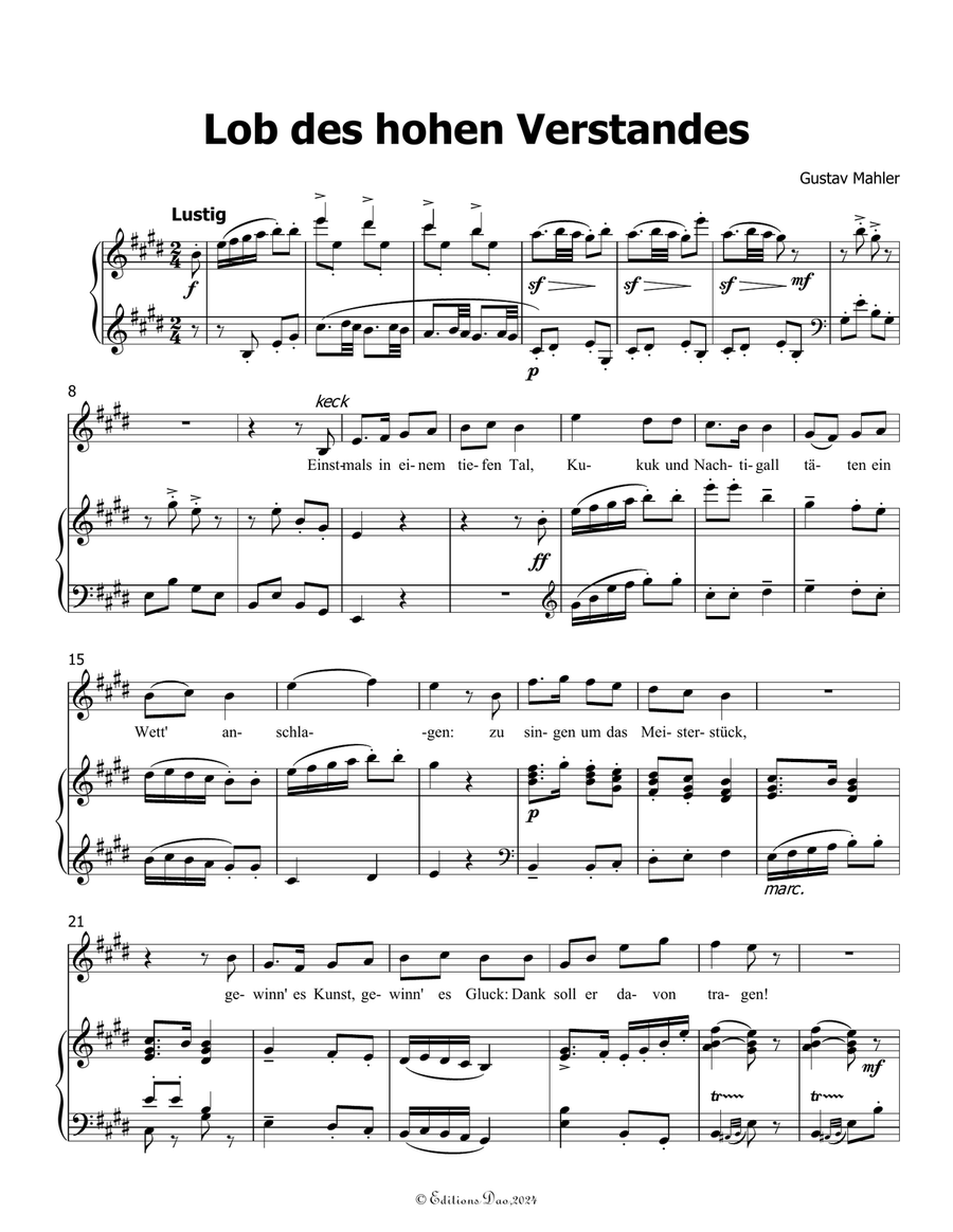 Lob des hohen Verstandes, by Mahler, in E Major Piano, Vocal scores gallery preview page 3