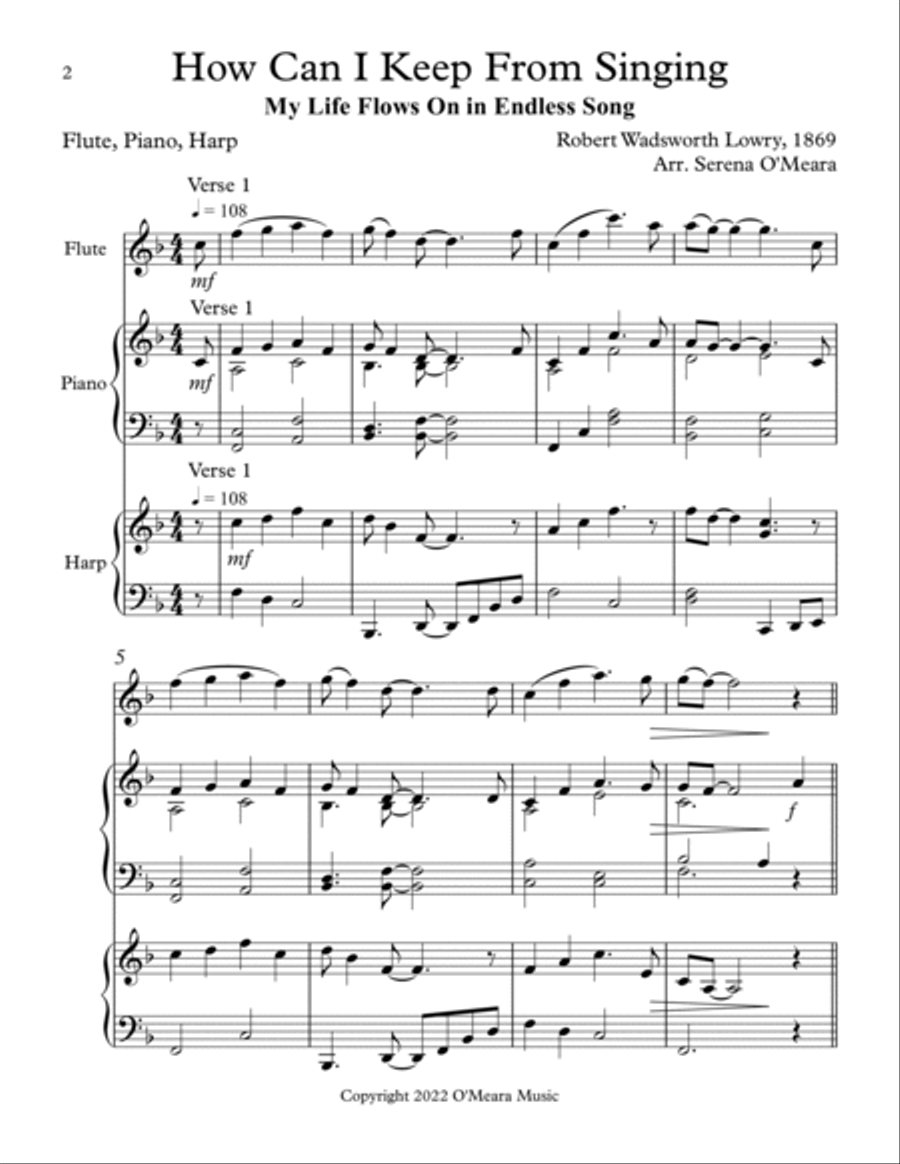 How Can I Keep From Singing, Trio for Flute, Piano & Harp Flute Solo scores gallery preview page 2