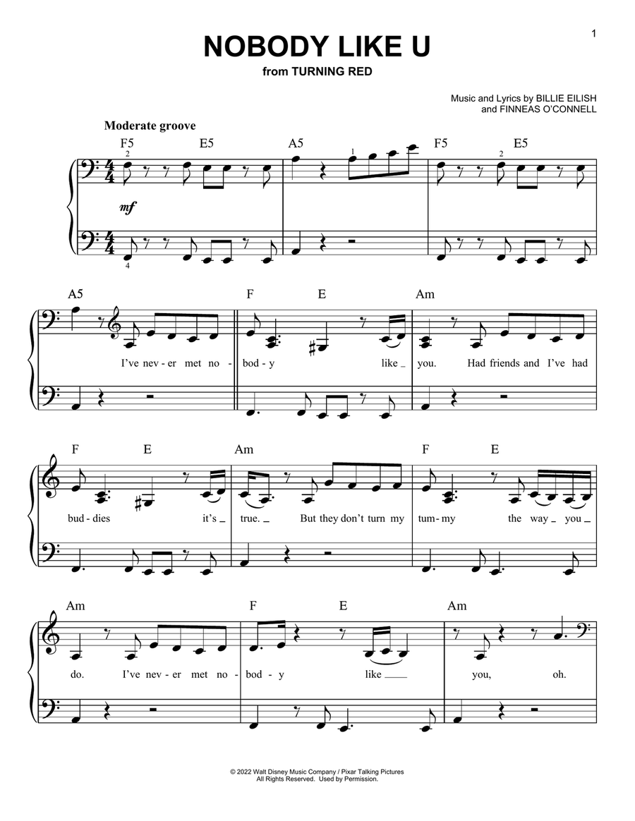 Nobody Like U (from Turning Red) Easy Piano scores gallery preview page 1