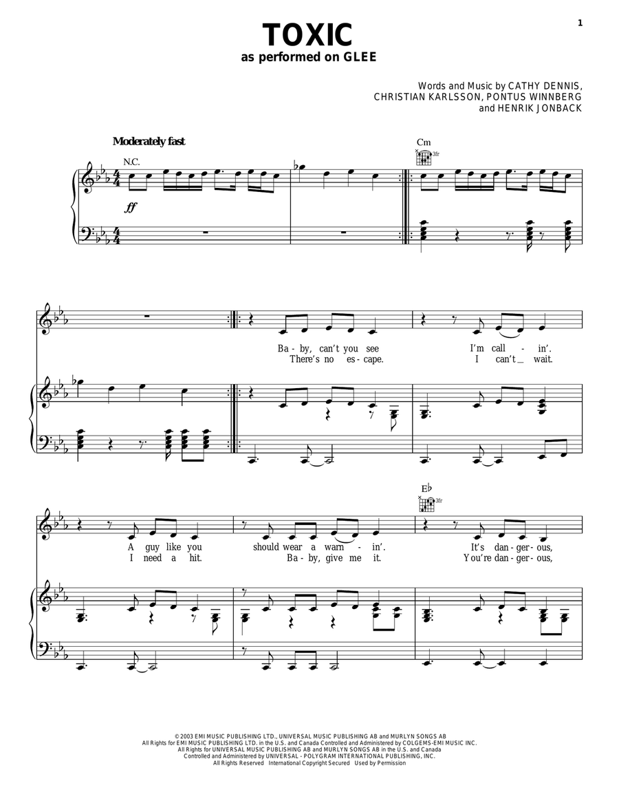 Toxic Piano, Vocal, Guitar scores gallery preview page 1