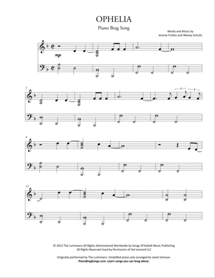 Ophelia Piano Solo scores gallery preview page 1