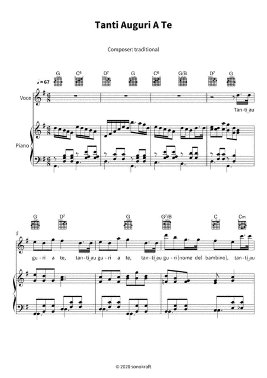 Tanti Auguri A Te Tanti Auguri A Te Piano, Vocal, Guitar scores gallery preview page 3