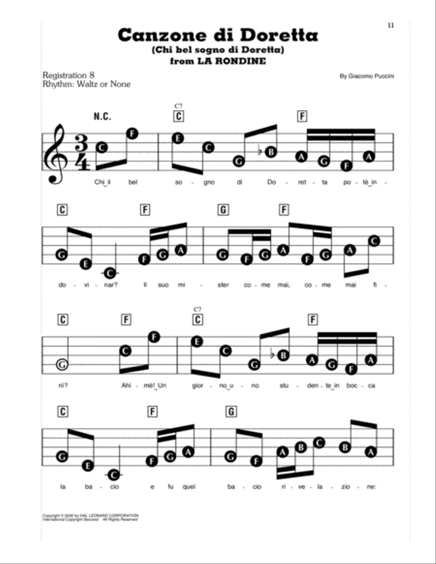 Canzone di Doretta (Chi bel sogno di Doretta) (from La Rondine) Electronic Keyboard scores gallery preview page 1