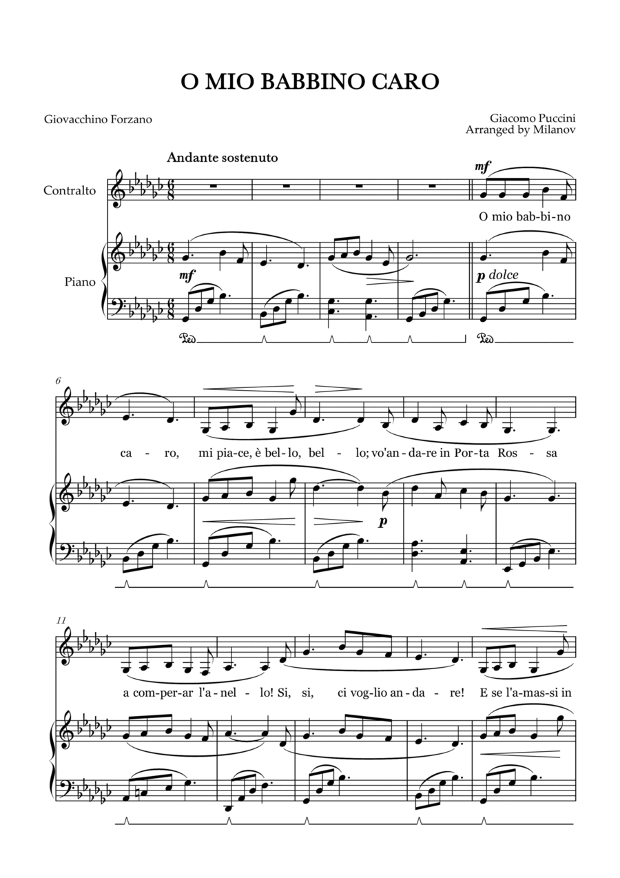 O Mio Babbino Caro | Female Voice Contralto | G-flat Major | Piano accompaniment | Pedal Alto Voice scores gallery preview page 1