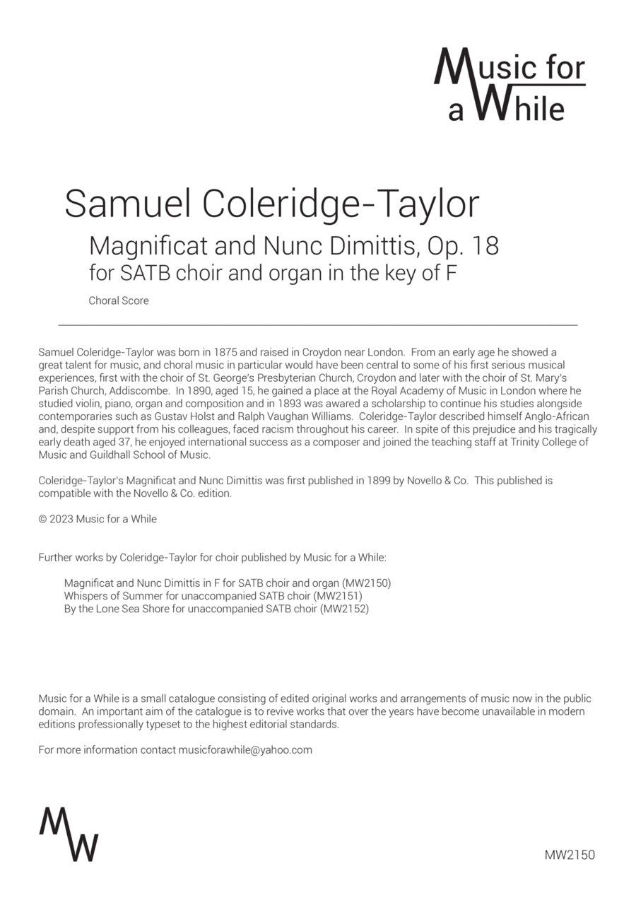 Samuel Coleridge-Taylor - Magnificat and Nunc Dimittis for SATB choir and organ (Op. 18) Samuel Coleridge-Taylor - Magnificat and Nunc Dimittis for SATB choir and organ (Op. 18) 4-Part scores gallery preview page 1