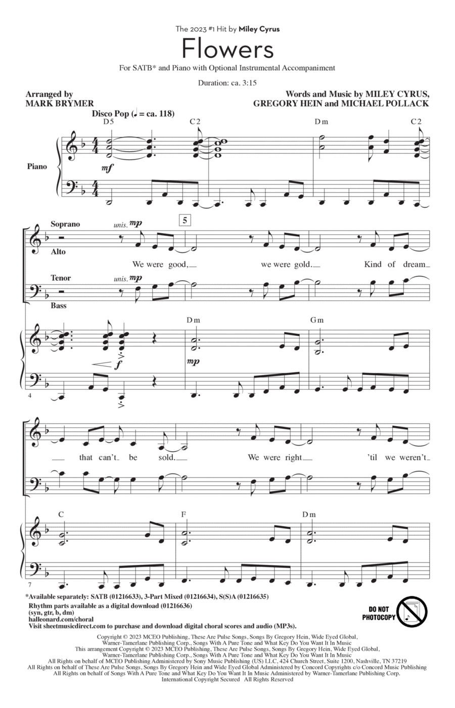 Flowers (arr. Mark Brymer) 4-Part scores gallery preview page 1