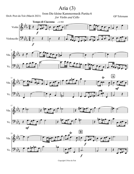 Aria 3 from Die kleine Kammermusik Partita 6 - GP Telemann (Violin and Cello) image number null