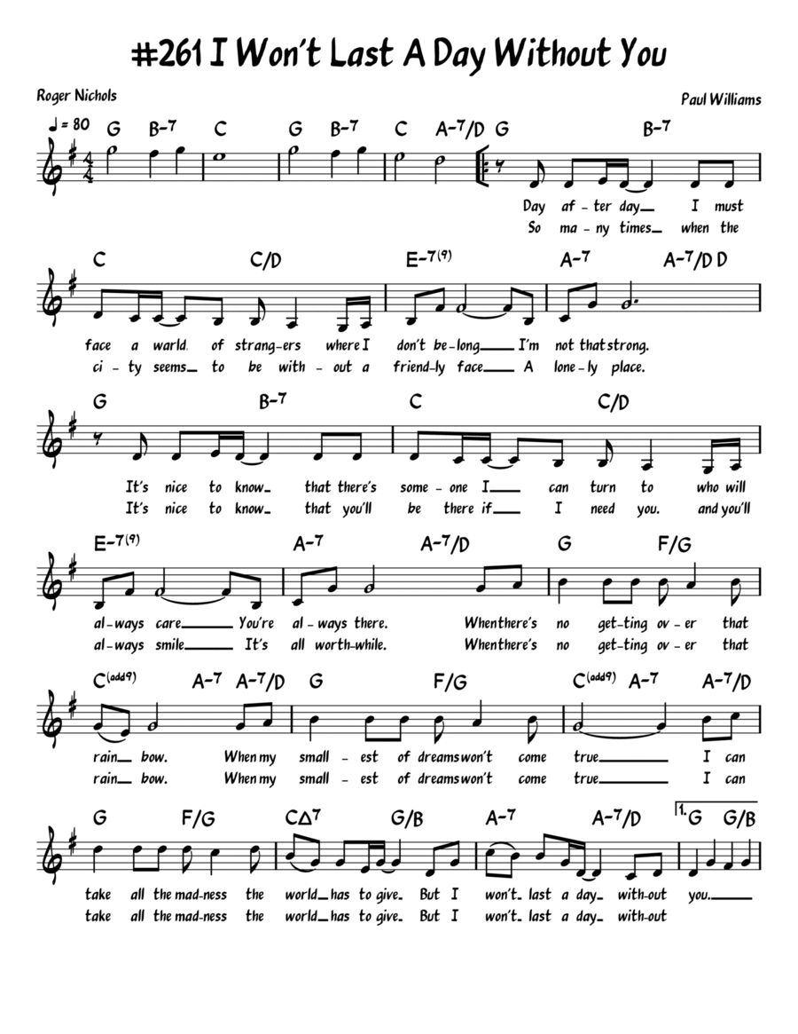I Won't Last A Day Without You Piano, Vocal, Guitar scores gallery preview page 1