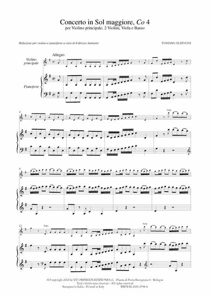 Violin Concertos without Opus Number for principal Violin, 2 Violins, Viola and Basso - Vol. 3: Concerto in G major, Co 4. Critical Edition
