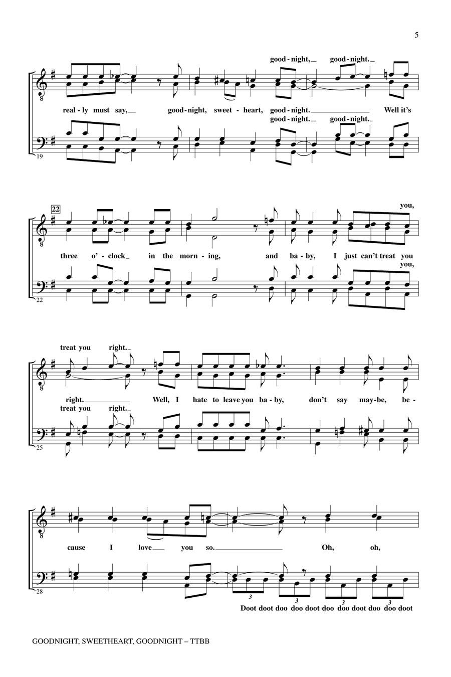 Goodnight, Sweetheart, Goodnight (Goodnight, It's Time to Go) (arr. Mel Knight) TTBB scores gallery preview page 3