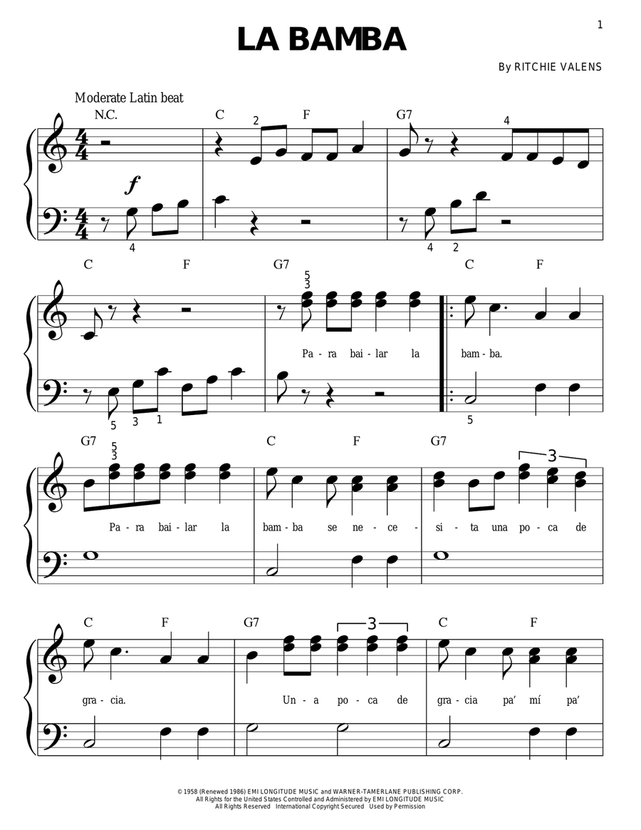 La Bamba Easy Piano scores gallery preview page 1