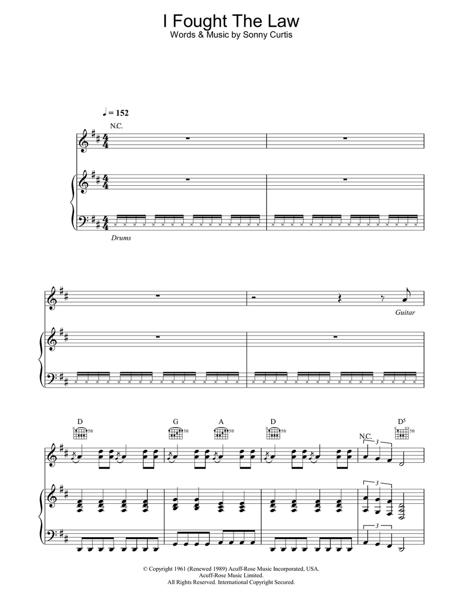 I Fought The Law Piano, Vocal, Guitar scores gallery preview page 1