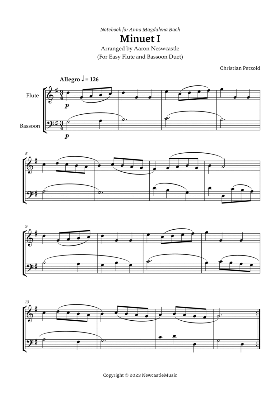 Bach,Anna Magdalena (Book) |Petzold, Minuet I — For Easy Flute and Bassoon Duet, Score and Parts Woodwind Duet scores gallery preview page 1