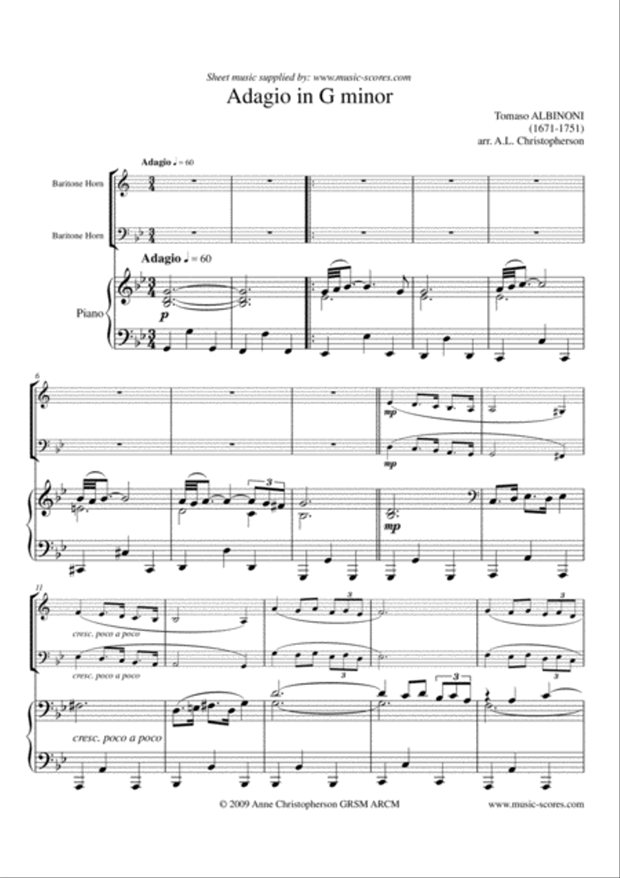 Albinoni Adagio - Baritone Horn Lo and Piano Baritone Horn TC scores gallery preview page 1
