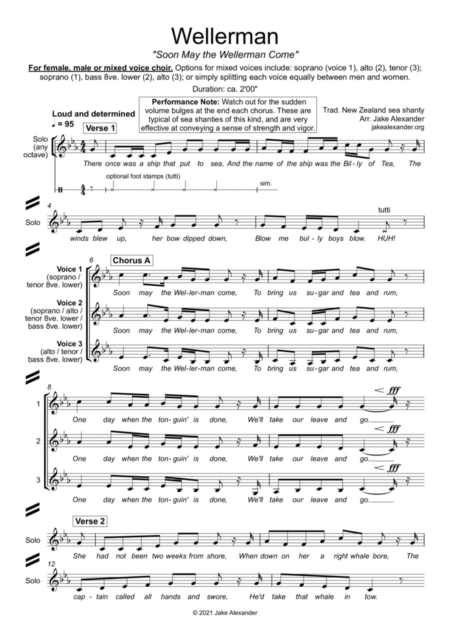 Wellerman - SSA/TBB/SAT/SAB a cappella SSA scores gallery preview page 1