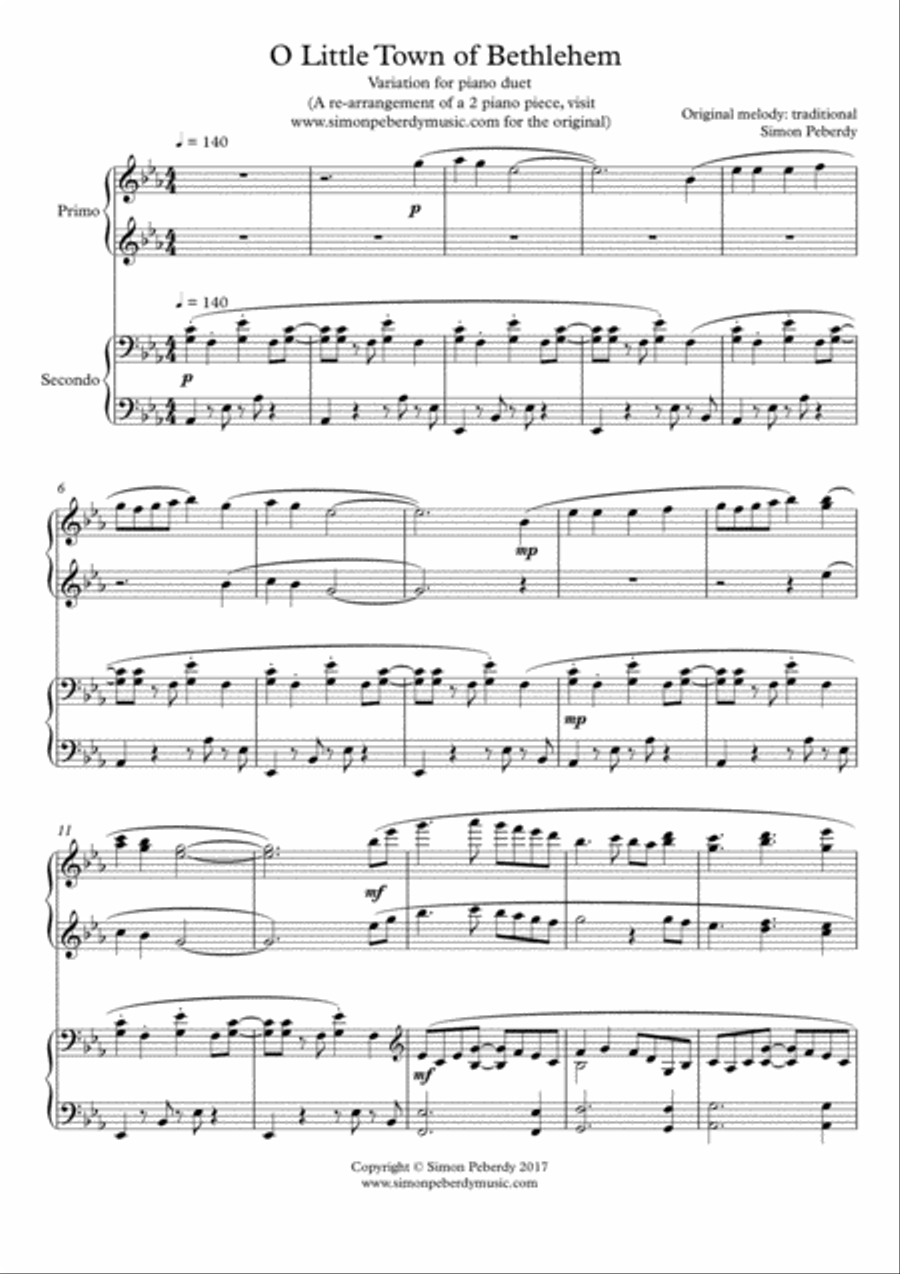 O Little Town of Bethlehem, fun Christmas Carol Variations for piano duet by Simon Peberdy 1 Piano, 4-Hands scores gallery preview page 1