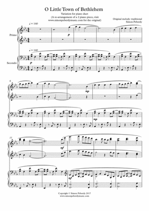 O Little Town of Bethlehem, fun Christmas Carol Variations for piano duet by Simon Peberdy