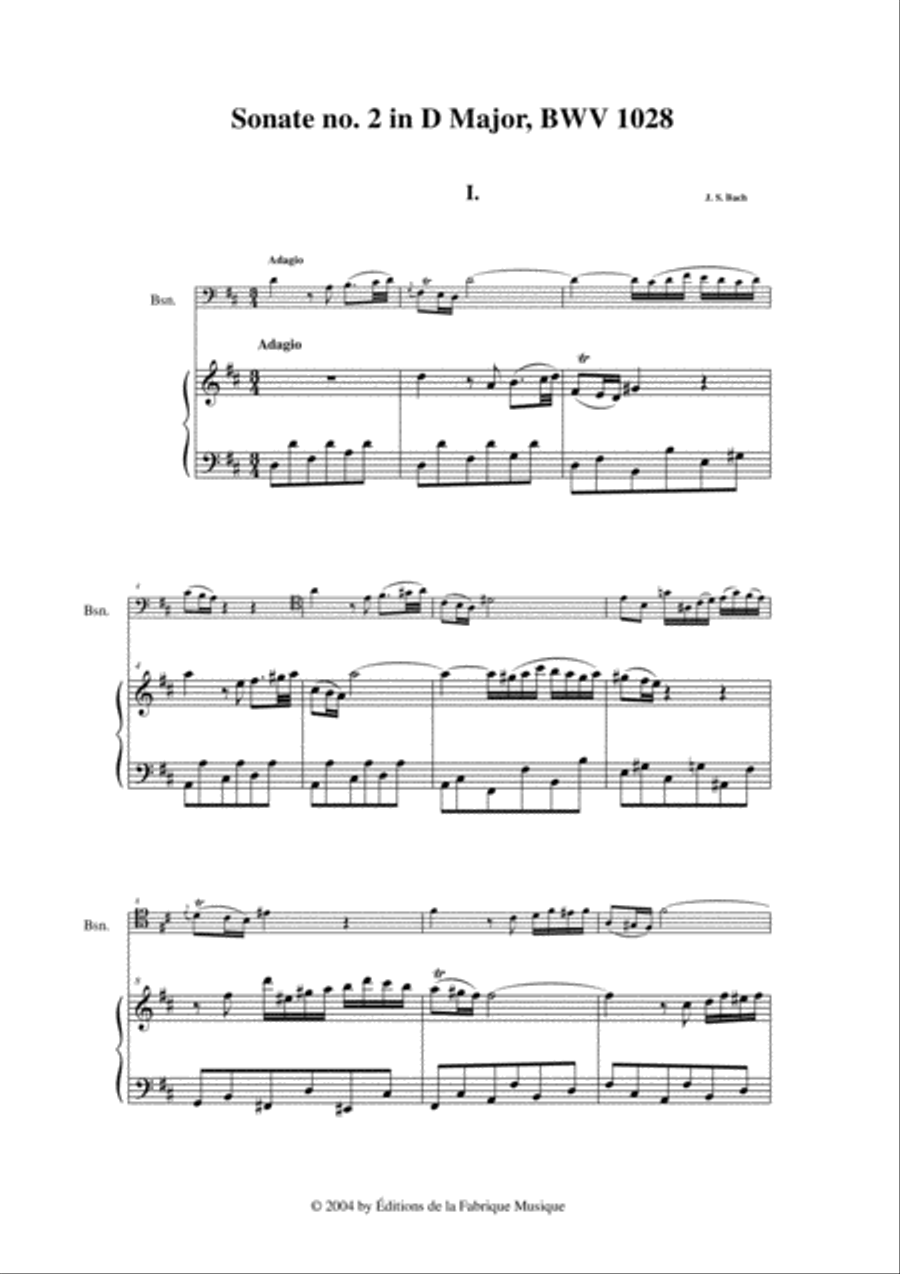 J. S. Bach: Viola da Gamba Sonata no. II in D major, BWV 1028, arranged for bassoon and piano Bassoon scores gallery preview page 2