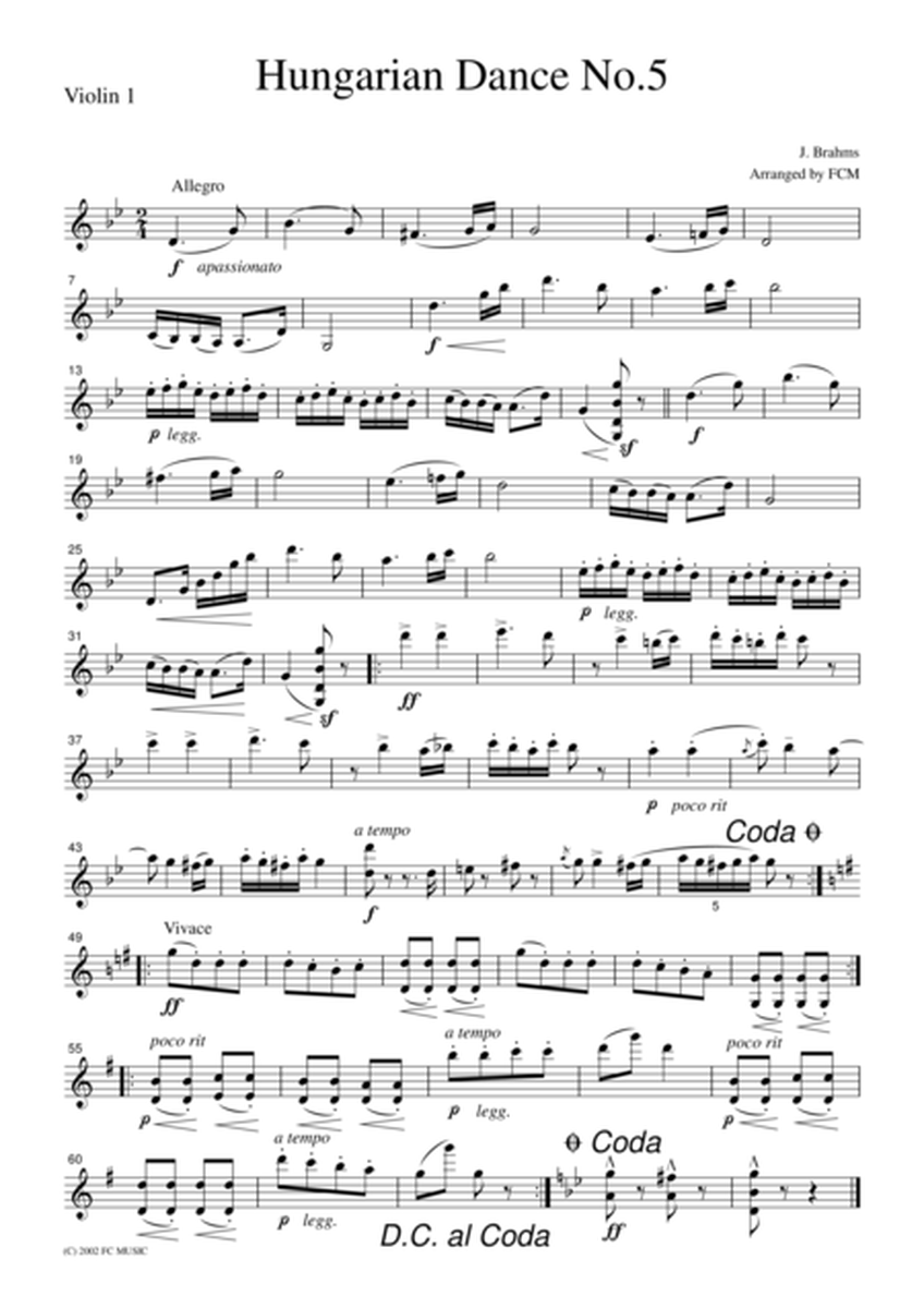 Brahms Hungarian Dance No.5, for string quartet, CB303