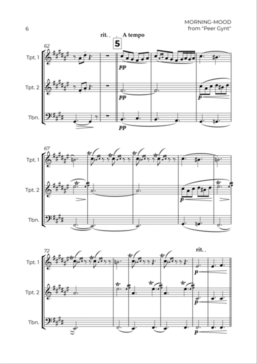 MORNING-MOOD - EDVARD GRIEG - BRASS TRIO (TRUMPET 1, TRUMPET 2 & TROMBONE) Brass Trio scores gallery preview page 6