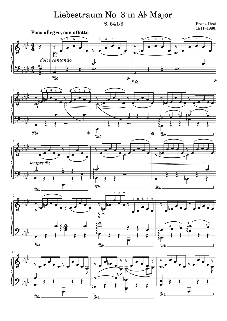 Liebestraum No. 3, in A♭ Major S.541, Liszt, Original for Piano Solo With Fingering