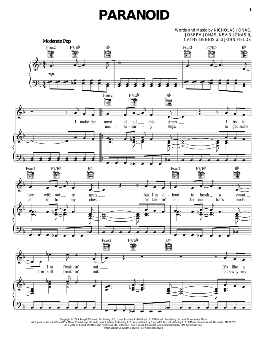 Paranoid Piano, Vocal, Guitar scores gallery preview page 1