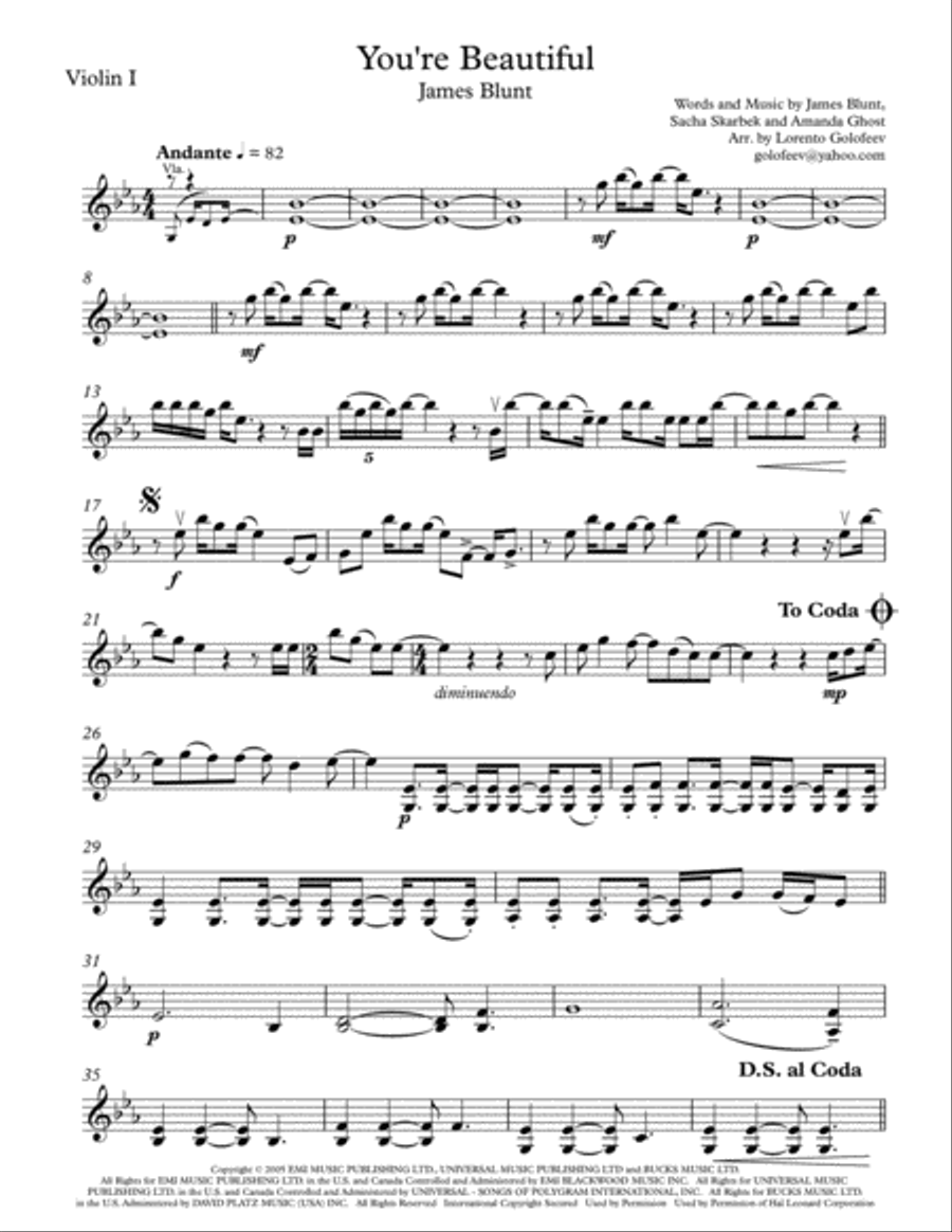 You're Beautiful String Quartet scores gallery preview page 1
