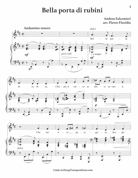 FALCONIERI: Bella porta di rubini (transposed to D major)