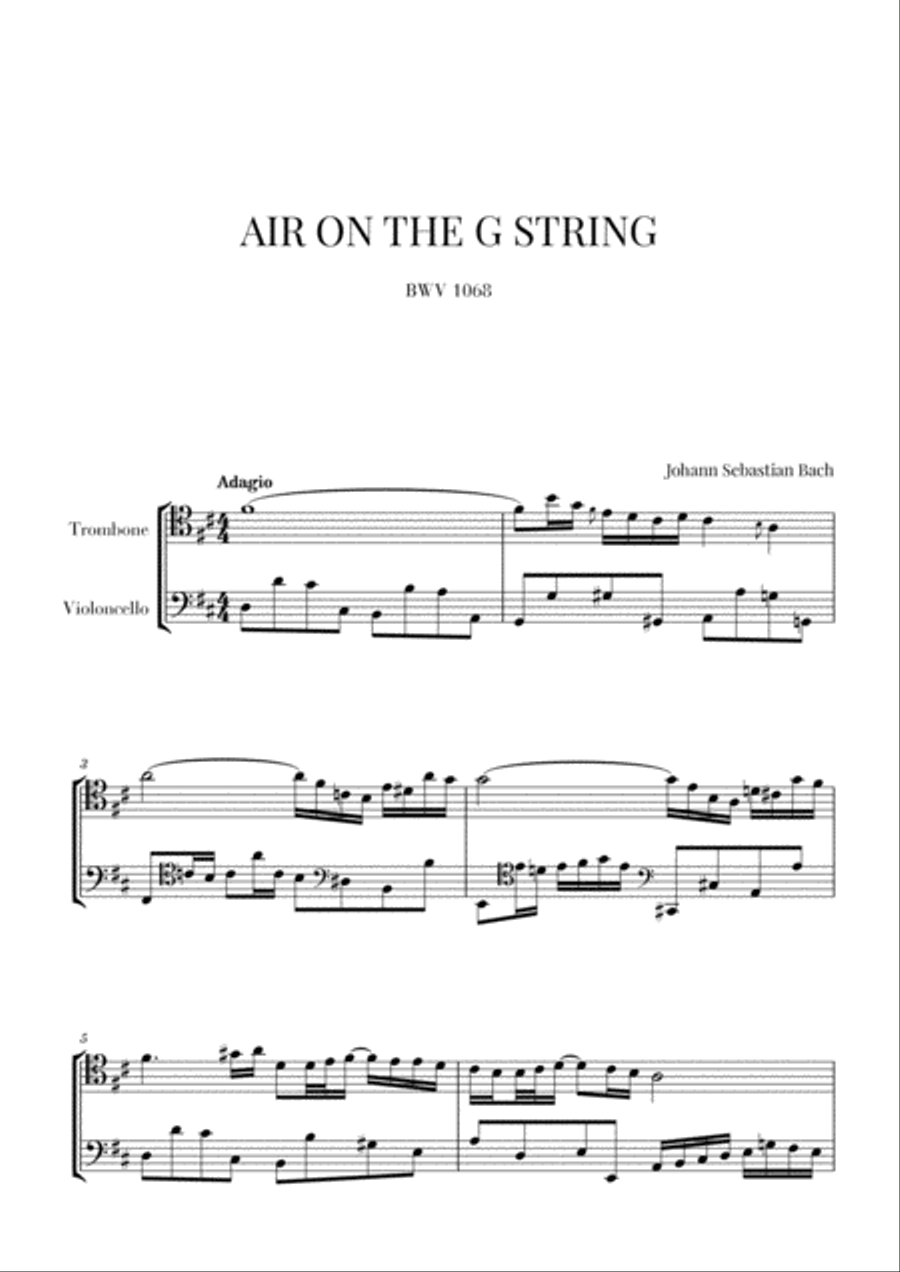 Bach: Air on the G String for Trombone and Violoncello Trombone scores gallery preview page 1